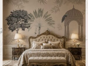 Luxury classic bedroom with upholstered bed, botanical mural, chandelier, and elegant furniture.