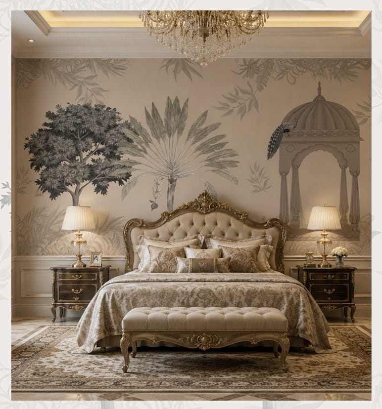 Luxury classic bedroom with upholstered bed, botanical mural, chandelier, and elegant furniture.