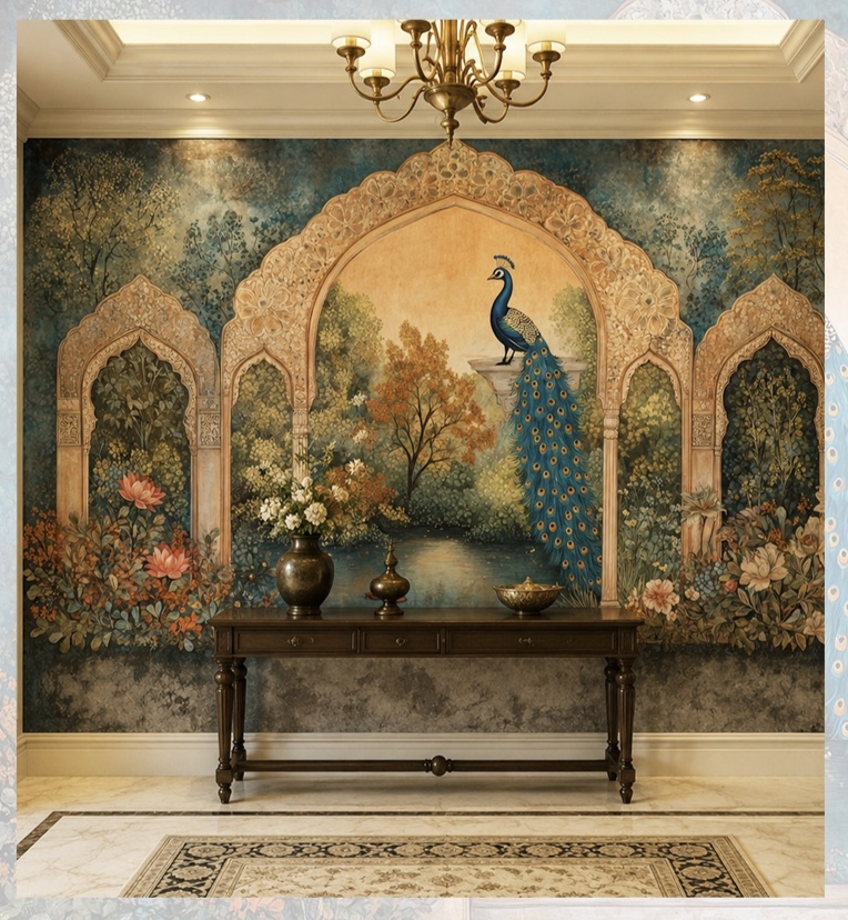 peacock garden arch mural tapestry wallpaper