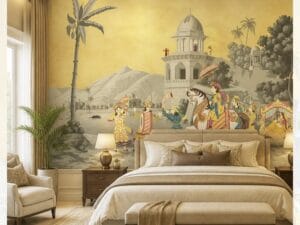Luxury bedroom with heritage wall mural, classic bed, chandelier, and elegant neutral interiors.