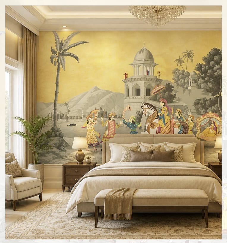 Luxury bedroom with heritage wall mural, classic bed, chandelier, and elegant neutral interiors.