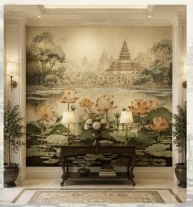Luxury lotus mural featuring a serene palace landscape, lotus flowers, and elegant classic interior décor.