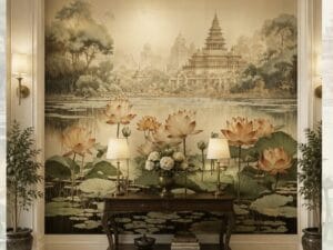Luxury lotus mural featuring a serene palace landscape, lotus flowers, and elegant classic interior décor.