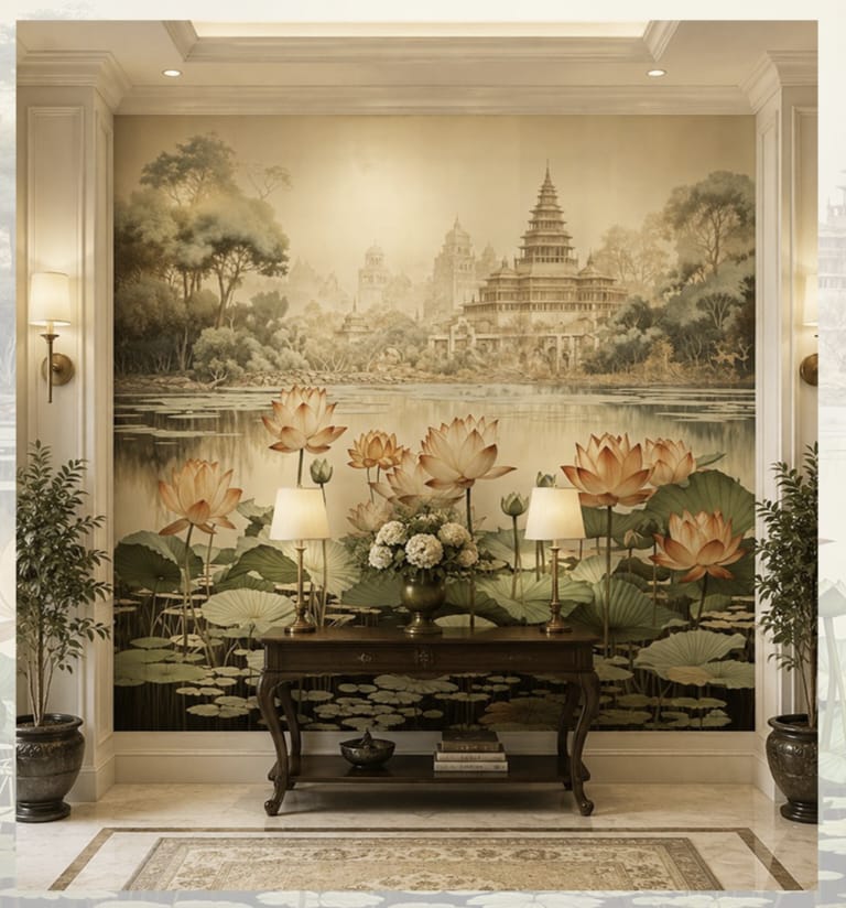 Luxury lotus mural featuring a serene palace landscape, lotus flowers, and elegant classic interior décor.