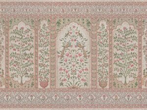Floral Mughal art wallpaper with birds and flowers.