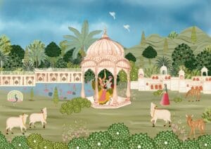 Indian palace garden wallpaper with Krishna scene