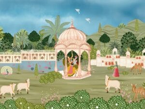 Indian palace garden wallpaper with Krishna scene