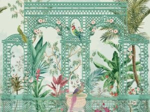 Green tropical garden wallpaper with birds.