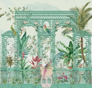 Green tropical garden wallpaper with birds.