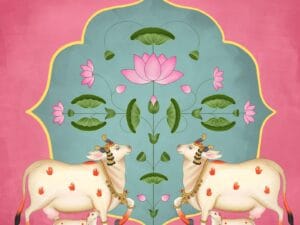 Floral cow and calf wallpaper design.