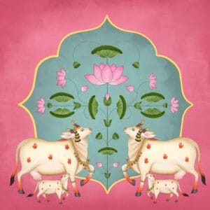 Floral cow and calf wallpaper design.