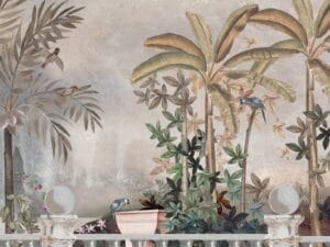 Vintage tropical garden wallpaper with birds and palm trees.