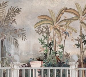 Vintage tropical garden wallpaper with birds and palm trees.