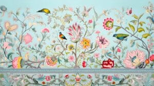 Floral and bird wallpaper with colorful botanical design.
