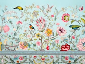 Floral and bird wallpaper with colorful botanical design.