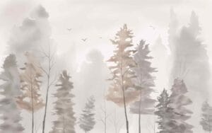 Misty forest wallpaper with watercolor trees and birds