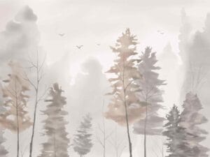 Misty forest wallpaper with watercolor trees and birds