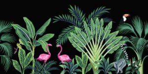 Tropical jungle wallpaper with flamingos, birds, and green leaves