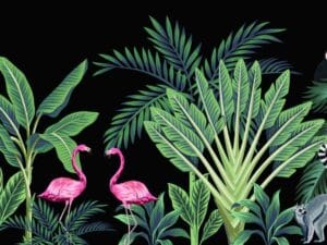 Tropical jungle wallpaper with flamingos, birds, and green leaves