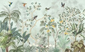 Luxury botanical wallpaper with birds lemon trees and tropical plants