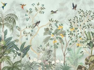 Luxury botanical wallpaper with birds lemon trees and tropical plants
