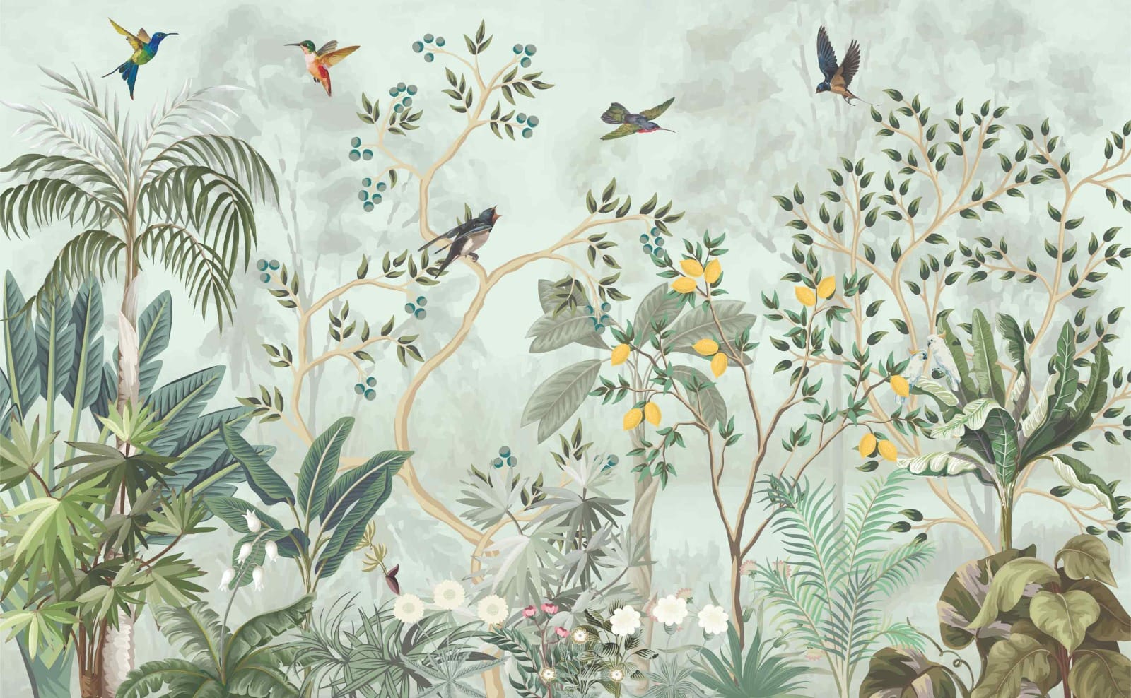 Luxury botanical wallpaper with birds lemon trees and tropical plants