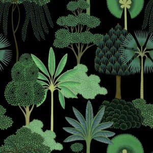 Dark green tropical botanical wallpaper on black background