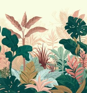 Tropical green and pink botanical wallpaper