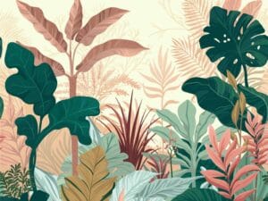 Tropical green and pink botanical wallpaper
