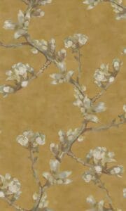 Golden floral branch wallpaper with white blossoms