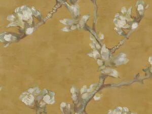 Golden floral branch wallpaper with white blossoms