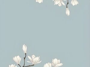 White floral branch wallpaper on a soft blue background