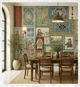Indian heritage patchwork wallpaper for dining room wall.