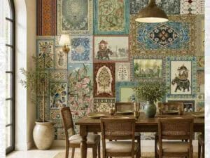 Indian heritage patchwork wallpaper for dining room wall.
