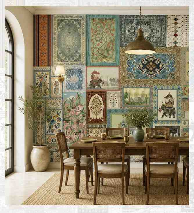 Indian heritage patchwork wallpaper for dining room wall.