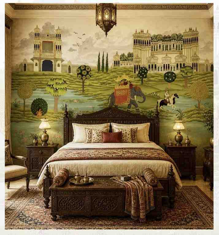 Royal palace wallpaper with elephants for bedroom.