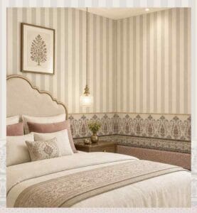 Neutral striped wallpaper with decorative Indian border.