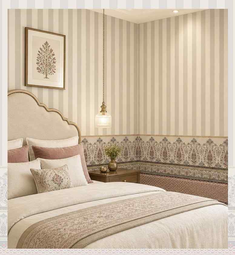 Neutral striped wallpaper with decorative Indian border.