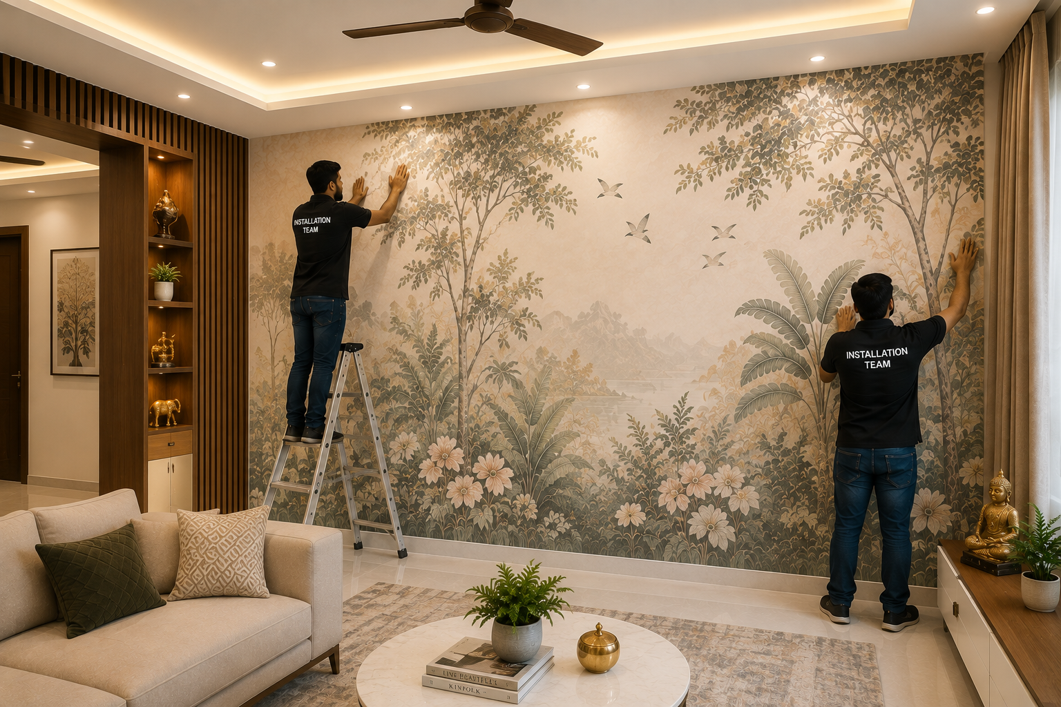Professional wallpaper installers applying a botanical mural in a modern house living room
