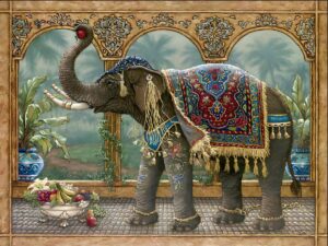 Majestic decorated elephant standing beneath ornate Mughal palace arches with tropical foliage and vintage architectural details in a royal heritage mural.