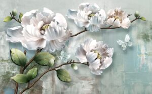 Elegant floral wallpaper mural featuring large white 3D blossoms with green leaves and delicate crystal butterflies on a soft blue textured background.