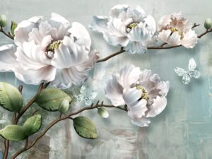 Elegant floral wallpaper mural featuring large white 3D blossoms with green leaves and delicate crystal butterflies on a soft blue textured background.