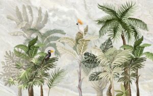 Tropical jungle wallpaper mural with lush green palms, banana leaves, monstera foliage, and exotic birds set against a soft marble-textured background in muted natural tones.