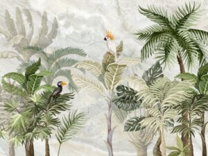 Tropical jungle wallpaper mural with lush green palms, banana leaves, monstera foliage, and exotic birds set against a soft marble-textured background in muted natural tones.