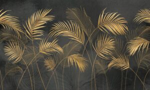Luxury tropical wallpaper mural featuring elegant gold palm leaves on a textured charcoal black background, creating a sophisticated botanical design for modern interiors