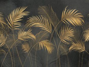 Luxury tropical wallpaper mural featuring elegant gold palm leaves on a textured charcoal black background, creating a sophisticated botanical design for modern interiors