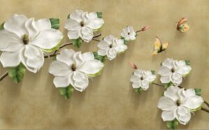 Elegant 3D white magnolia floral wallpaper with sculpted blossoms, delicate butterflies, and a textured beige background.