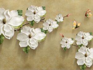 Elegant 3D white magnolia floral wallpaper with sculpted blossoms, delicate butterflies, and a textured beige background.