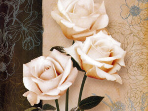 Elegant floral rose wall mural featuring three soft ivory roses with delicate green leaves, layered over a vintage beige and dark brown textured background accented with subtle botanical line art. Perfect for luxurious living rooms, bedrooms, hotel interiors, and feature walls.