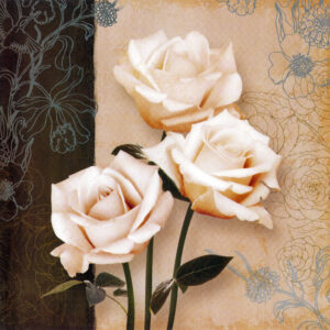 Elegant floral rose wall mural featuring three soft ivory roses with delicate green leaves, layered over a vintage beige and dark brown textured background accented with subtle botanical line art. Perfect for luxurious living rooms, bedrooms, hotel interiors, and feature walls.